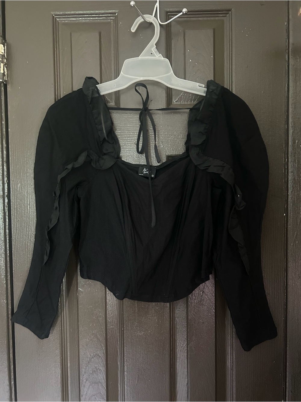 Black Ruffle Tie-Back Blouse with Puff Sleeves
